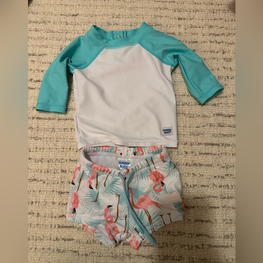 Rugged Butts Baby boy Swim Set  - Teal and White flamingos